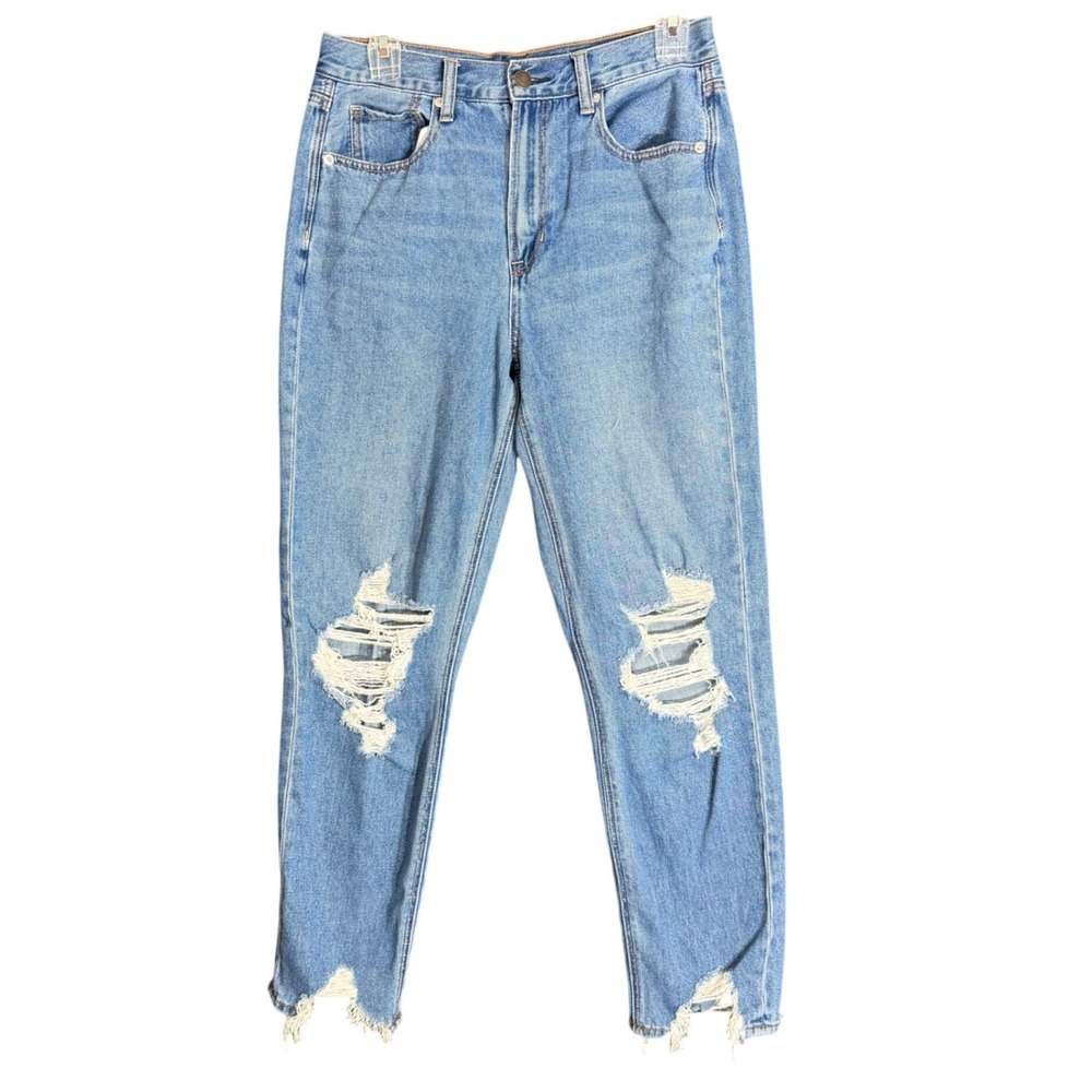 American Eagle Womens Size 6 Mom Jeans Distressed High Rise Raw Hem Blue Denim - Picture 2 of 16